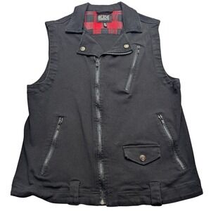 Y2K Rude Biker Vest Mens XL Asymmetric Zip Plaid Lined Punk Rock Denim Jacket